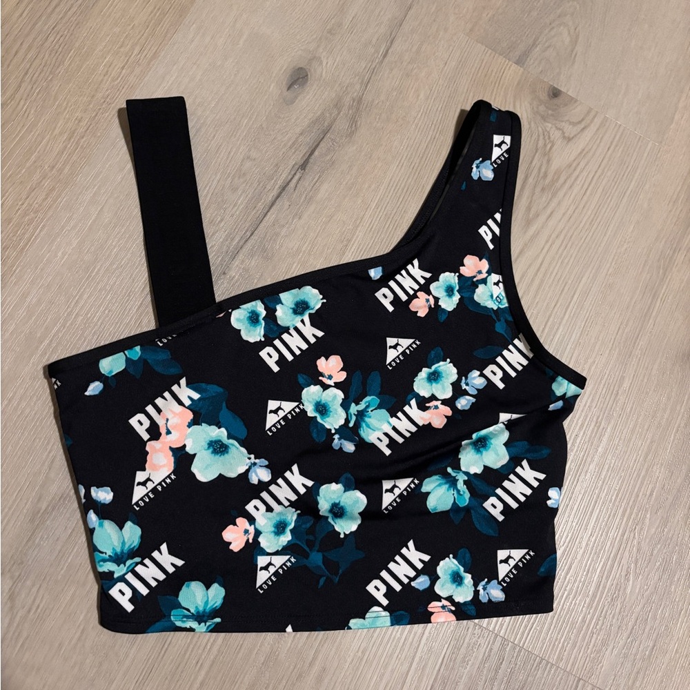 PINK One-Shoulder Floral Sports Bra - Black with Teal & Pink Flowers